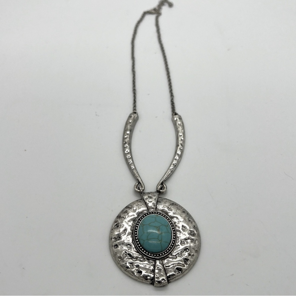 Fashion Silver Tone Metal Round Turquoise Pendant Necklace 21.5”